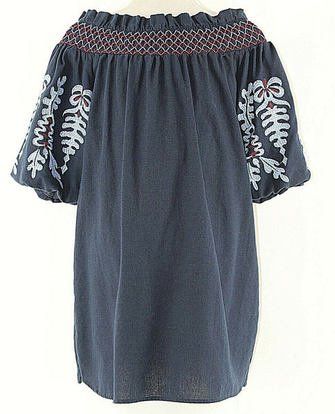 Rebellion M Navy Light Blue Red Embroidered 100% Cotton Peasant Top