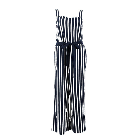 J Crew NEW Sz 14 Navy Blue White Stripped Sleeveless Belted 100% Cotton Jumpsuit