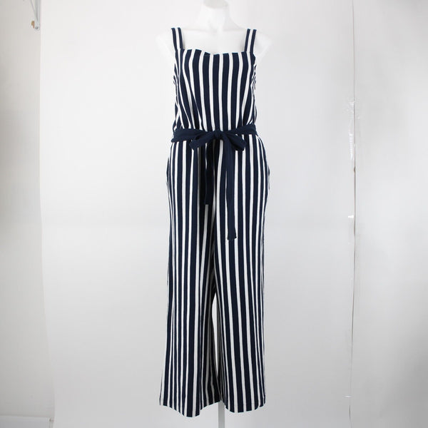 J Crew NEW Sz 14 Navy Blue White Stripped Sleeveless Belted 100% Cotton Jumpsuit