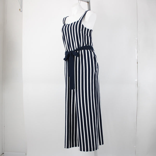 J Crew NEW Sz 14 Navy Blue White Stripped Sleeveless Belted 100% Cotton Jumpsuit