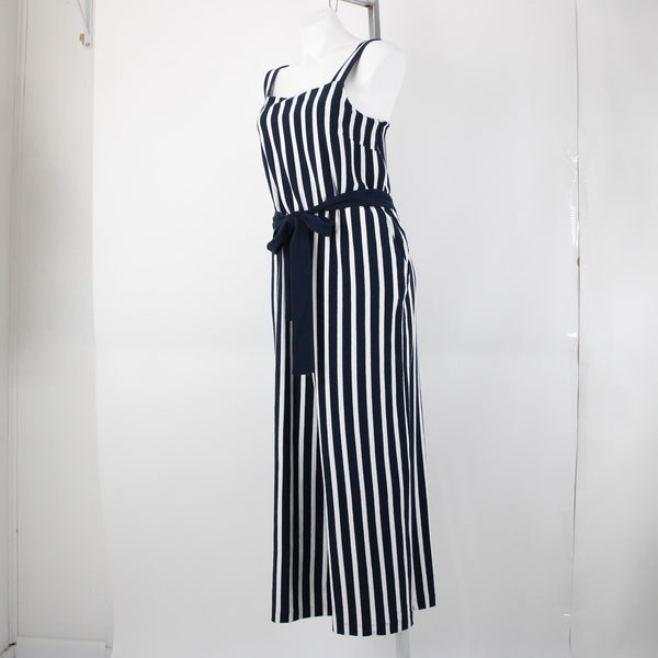 J Crew NEW Sz 14 Navy Blue White Stripped Sleeveless Belted 100% Cotton Jumpsuit