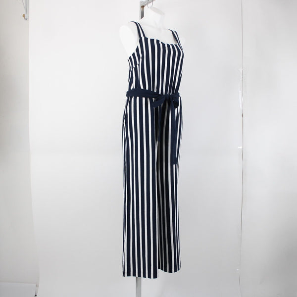 J Crew NEW Sz 14 Navy Blue White Stripped Sleeveless Belted 100% Cotton Jumpsuit