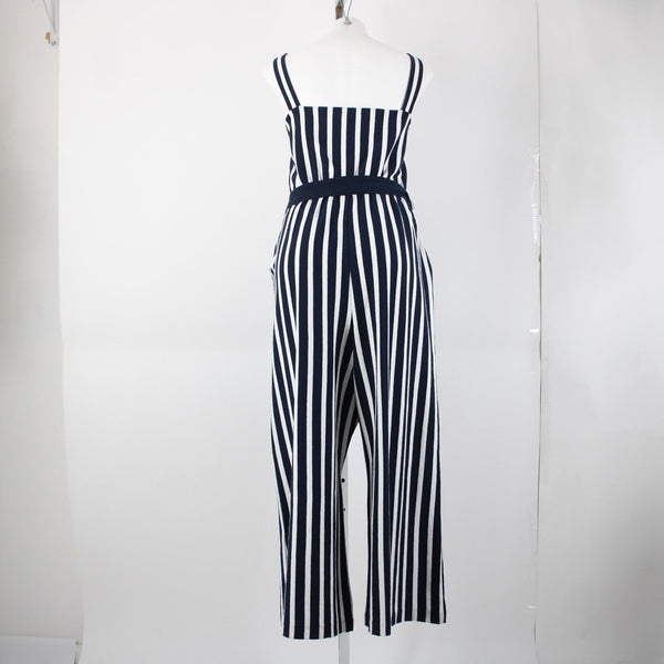 J Crew NEW Sz 14 Navy Blue White Stripped Sleeveless Belted 100% Cotton Jumpsuit