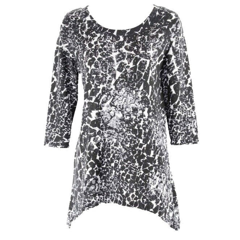 Onque Casuals Sz S Black Gray White Rhinestones Poly Spandex Asym Top