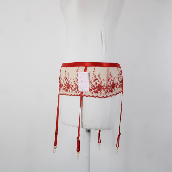 Empress Mimi NEW Sz M Red Cream Gold Lace Polyamide Elastane Garter Belt