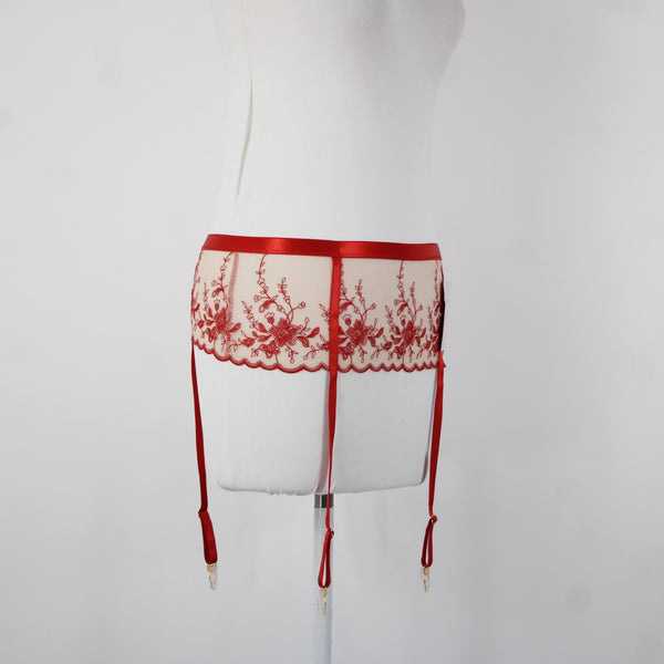 Empress Mimi NEW Sz M Red Cream Gold Lace Polyamide Elastane Garter Belt