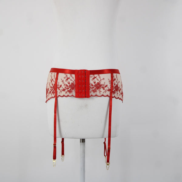 Empress Mimi NEW Sz M Red Cream Gold Lace Polyamide Elastane Garter Belt