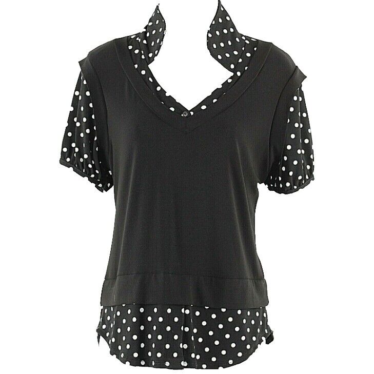 Olivia Paige NEW PL Black White Polka Dots Layered Look Poly Spandex Top