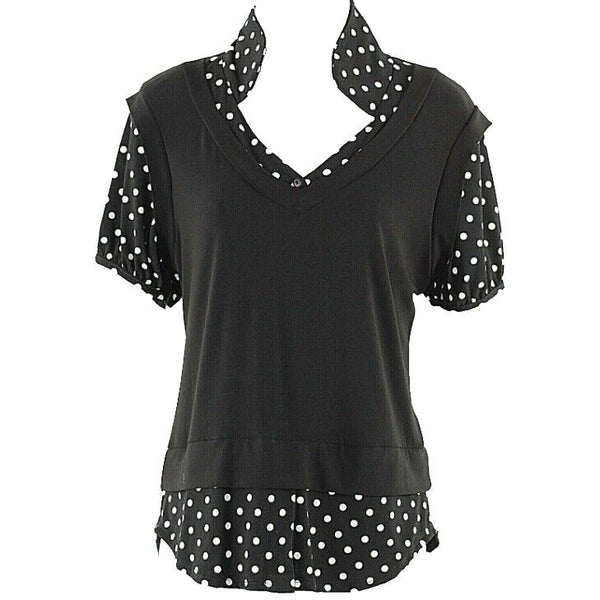 Olivia Paige NEW PL Black White Polka Dots Layered Look Poly Spandex Top