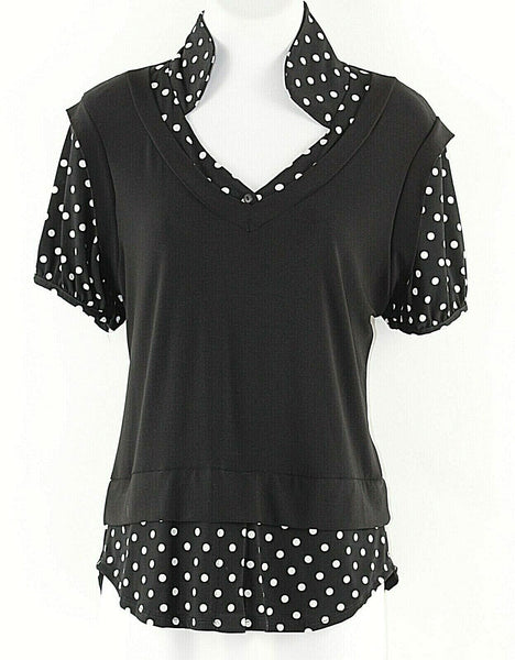 Olivia Paige NEW PL Black White Polka Dots Layered Look Poly Spandex Top