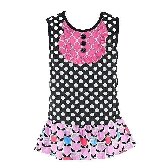 Heather Hill Sz XL (5-6T) Black White Pink Multi Cotton Spandex Ruffle Dress