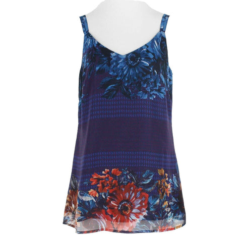 CAbi Sz S Navy Blue Multi Lined Double Straps 100% Polyester Woven Top