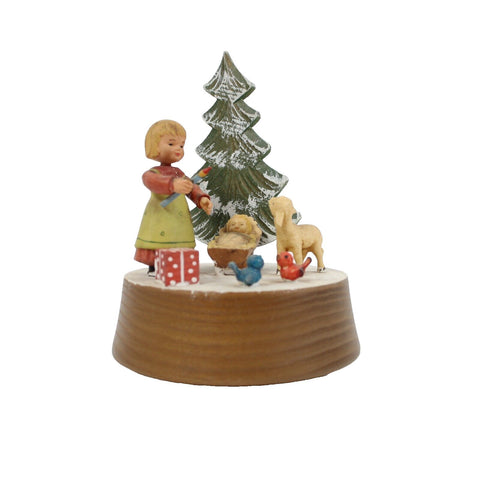 Anri Silent Night Wood Multi Color Xmas Tree With Girl 5" Music Box Figurine