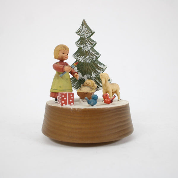 Anri Silent Night Wood Multi Color Xmas Tree With Girl 5" Music Box Figurine
