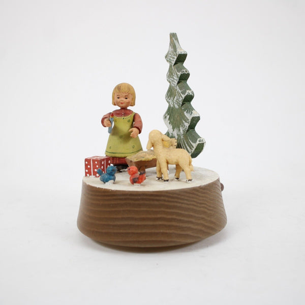 Anri Silent Night Wood Multi Color Xmas Tree With Girl 5" Music Box Figurine