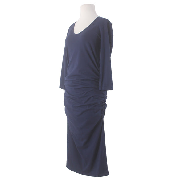 Michael Stars Dress Sz L Navy Blue Round Neck Ruched Sides 100% Cotton Dress