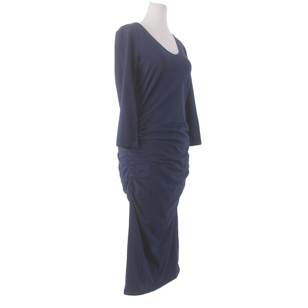 Michael Stars Dress Sz L Navy Blue Round Neck Ruched Sides 100% Cotton Dress