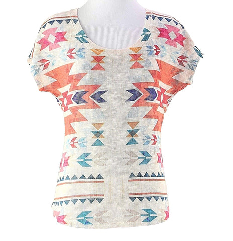Gaze Sz S Peach Orange Navy Multi Tribal SS Polyester Spandex Knit Top