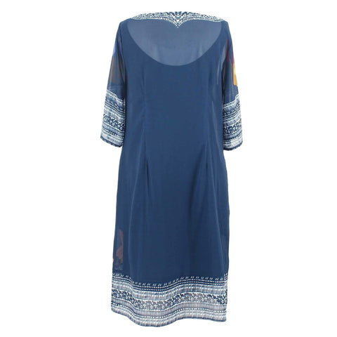Soft Surroundings Sz S Navy Blue Multi Sheer Poly Lined Rayon Blend Dress