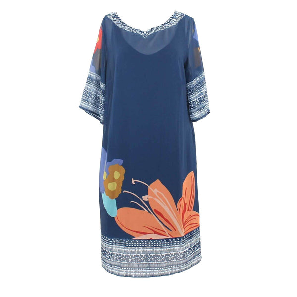 Soft Surroundings Sz S Navy Blue Multi Sheer Poly Lined Rayon Blend Dress