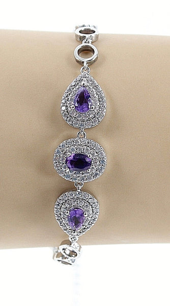 Gold Coast 7.5" + 2" Extender Chain Purple CZ Amethyst Platinum Plated Bracelet