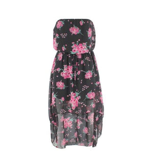 Pretty Good Sz M Black Pink Green Multi Strapless Blouson Poly Hi Lo Dress