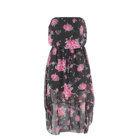 Pretty Good Sz M Black Pink Green Multi Strapless Blouson Poly Hi Lo Dress