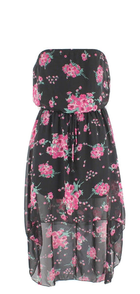 Pretty Good Sz M Black Pink Green Multi Strapless Blouson Poly Hi Lo Dress
