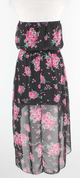 Pretty Good Sz M Black Pink Green Multi Strapless Blouson Poly Hi Lo Dress
