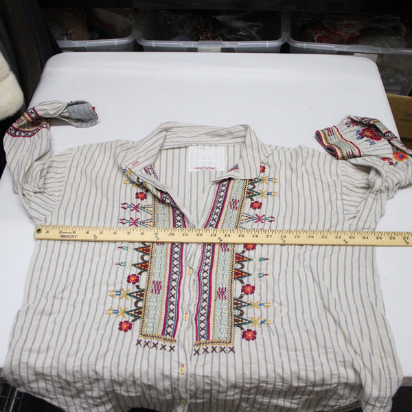Johnny Was Workshop Top Sz L Cream Tan Multicolor Embroidered Buttons Cotton Top