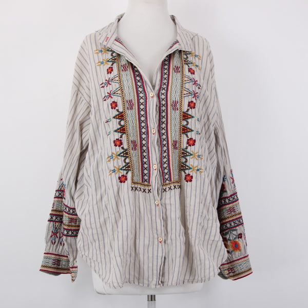 Johnny Was Workshop Top Sz L Cream Tan Multicolor Embroidered Buttons Cotton Top