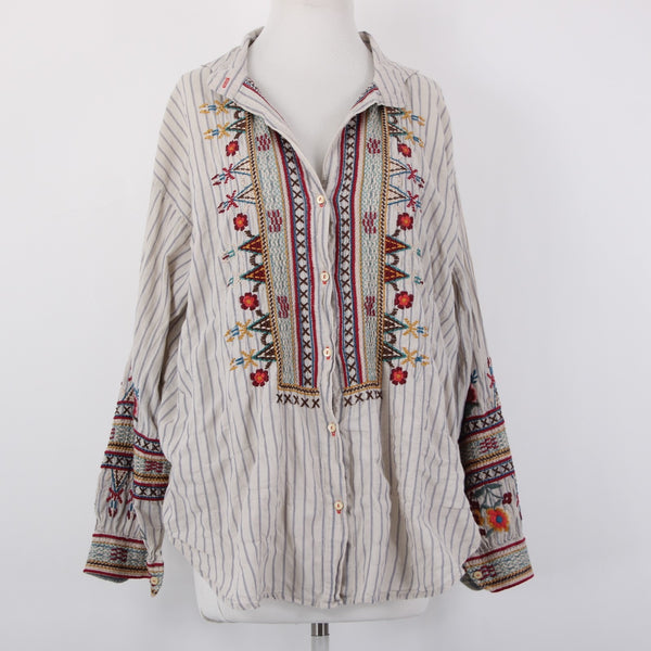 Johnny Was Workshop Top Sz L Cream Tan Multicolor Embroidered Buttons Cotton Top