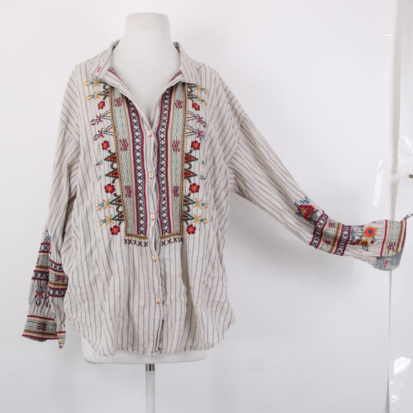 Johnny Was Workshop Top Sz L Cream Tan Multicolor Embroidered Buttons Cotton Top