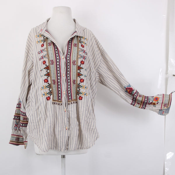 Johnny Was Workshop Top Sz L Cream Tan Multicolor Embroidered Buttons Cotton Top