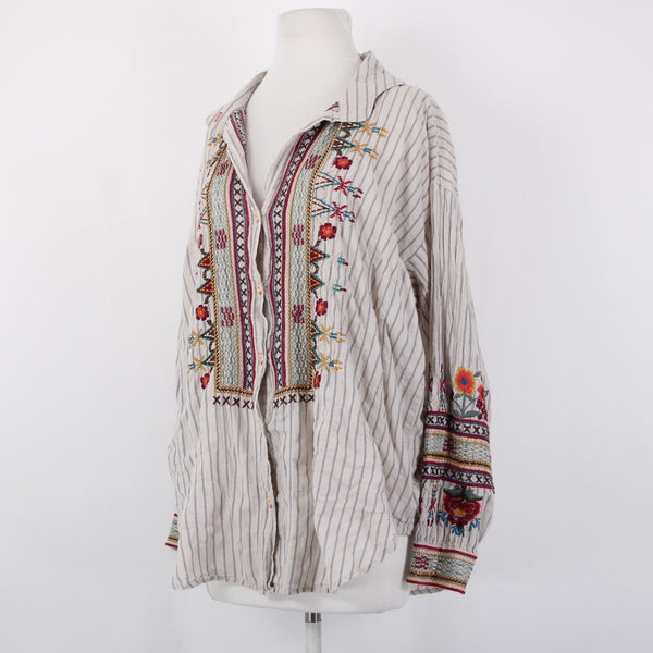 Johnny Was Workshop Top Sz L Cream Tan Multicolor Embroidered Buttons Cotton Top