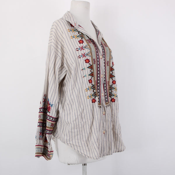 Johnny Was Workshop Top Sz L Cream Tan Multicolor Embroidered Buttons Cotton Top