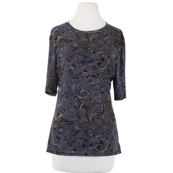 Johnny Was Top Sz L Navy Blue Multi Color Sheer Floral Nylon Spandex Top