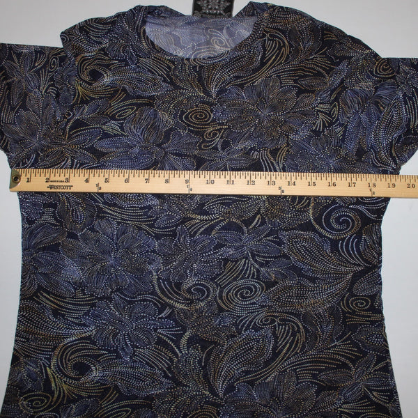 Johnny Was Top Sz L Navy Blue Multi Color Sheer Floral Nylon Spandex Top