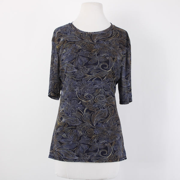 Johnny Was Top Sz L Navy Blue Multi Color Sheer Floral Nylon Spandex Top