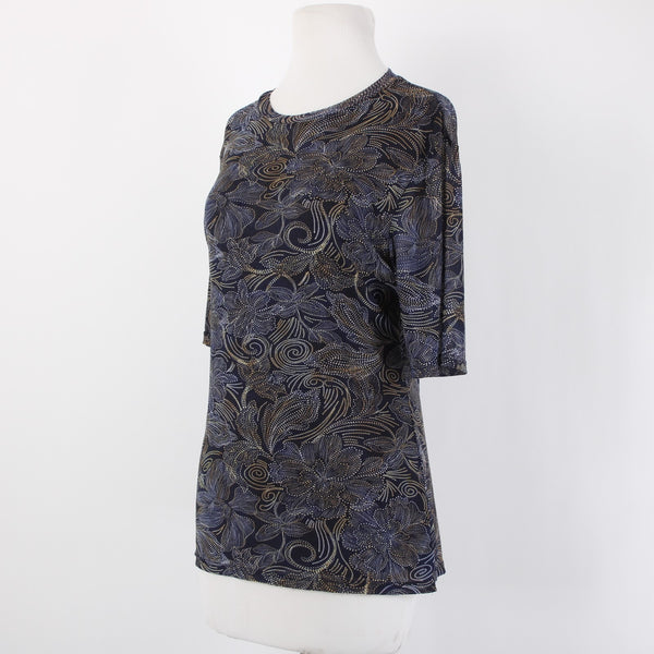 Johnny Was Top Sz L Navy Blue Multi Color Sheer Floral Nylon Spandex Top