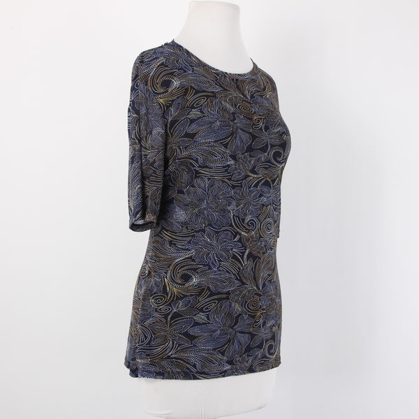 Johnny Was Top Sz L Navy Blue Multi Color Sheer Floral Nylon Spandex Top