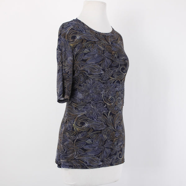 Johnny Was Top Sz L Navy Blue Multi Color Sheer Floral Nylon Spandex Top