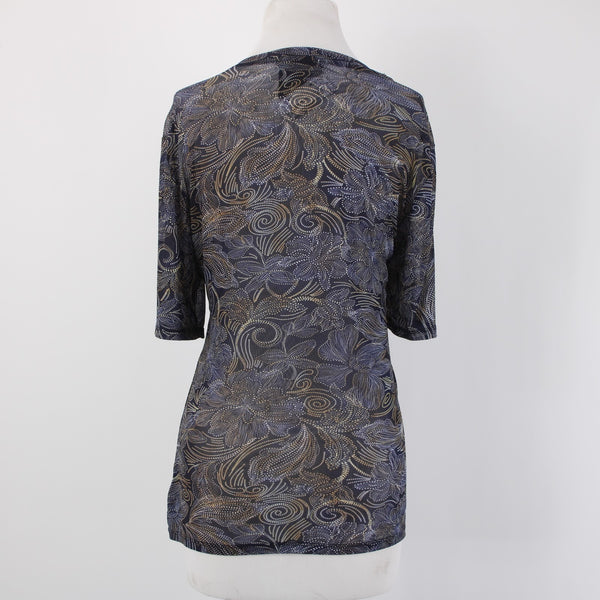 Johnny Was Top Sz L Navy Blue Multi Color Sheer Floral Nylon Spandex Top