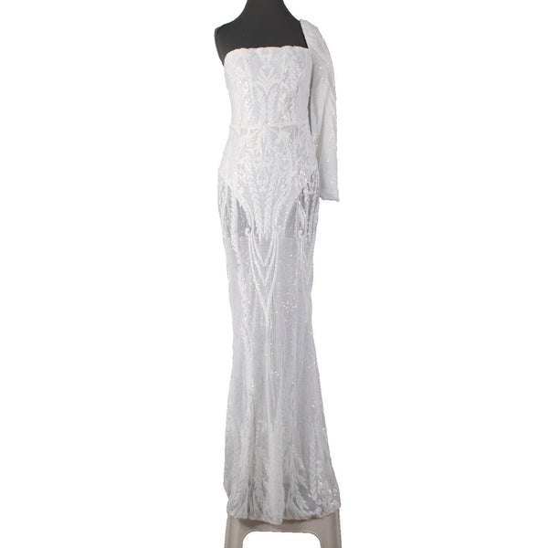 Miss Ord Dress NWT Sz L White Sequin One Shoulder Sheer Legs Mesh Cotton Poly