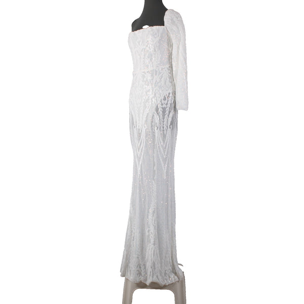 Miss Ord Dress NWT Sz L White Sequin One Shoulder Sheer Legs Mesh Cotton Poly