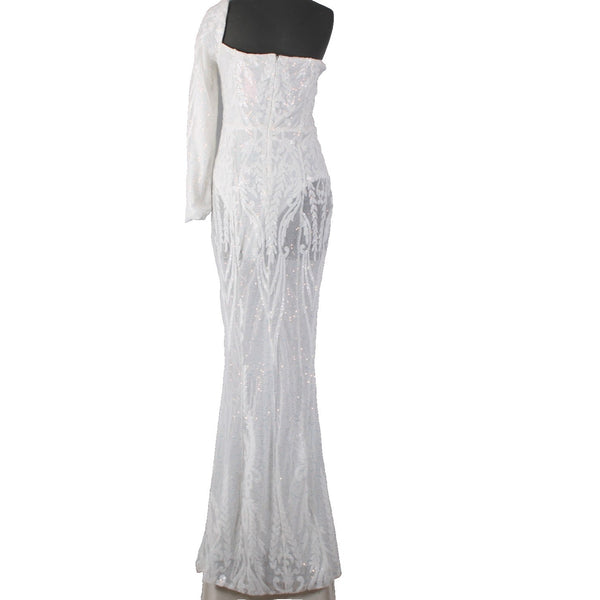 Miss Ord Dress NWT Sz L White Sequin One Shoulder Sheer Legs Mesh Cotton Poly