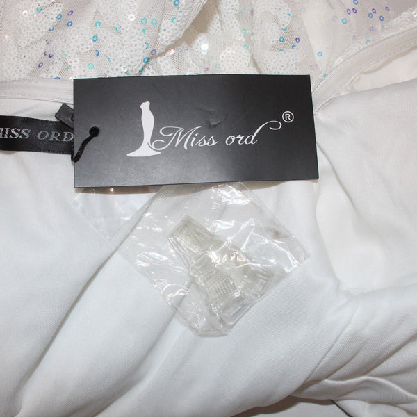 Miss Ord Dress NWT Sz L White Sequin One Shoulder Sheer Legs Mesh Cotton Poly