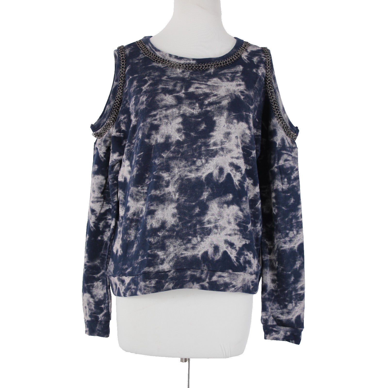 Hologram Sz XS Navy Gray Gunmetal Tie Dye Cold Shoulder 100% Cotton Sweater