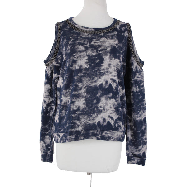 Hologram Sz XS Navy Gray Gunmetal Tie Dye Cold Shoulder 100% Cotton Sweater