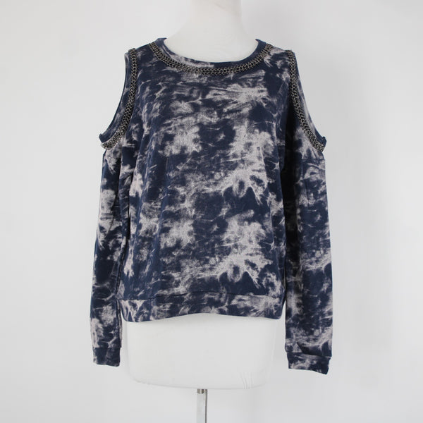 Hologram Sz XS Navy Gray Gunmetal Tie Dye Cold Shoulder 100% Cotton Sweater